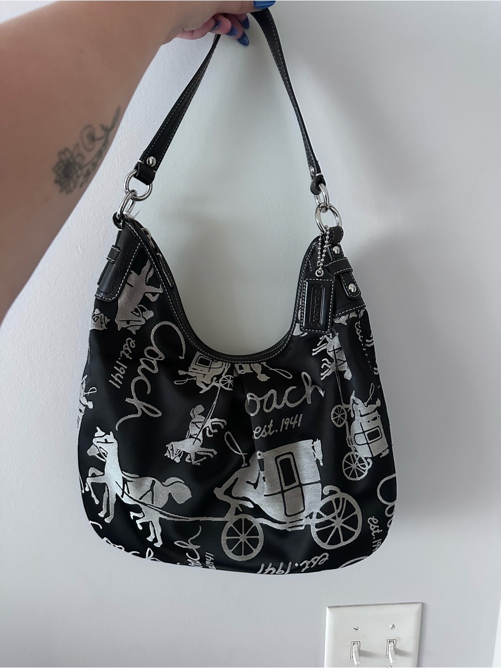 Coach Black Shoulder Bag with Silver Carriage Print